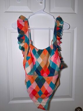 Colorful Argyle One-Piece Swimsuit with Ruffle Straps